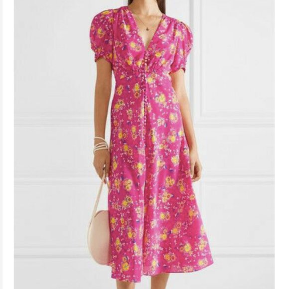 SALONI Dresses & Skirts - Saloni Lea Pink Floral Silk Midi Dress 6